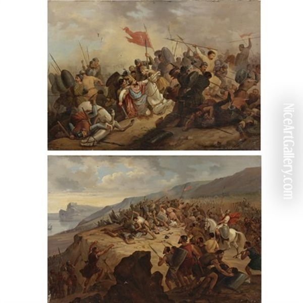 Two Scenes Of Battle (pair) Oil Painting by Henri Felix Emmanuel Philippoteaux