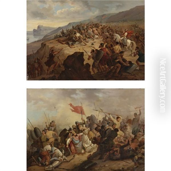 Battle Scene (+ Another; Pair) Oil Painting by Henri Felix Emmanuel Philippoteaux