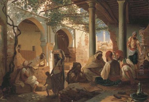 Chez Le Marchand De Cafe Dans Une Rue A Alger Oil Painting by Henri Felix Emmanuel Philippoteaux