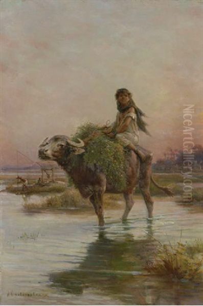 A Girl Riding A Water Buffalo Oil Painting by Paul Dominique Philippoteaux