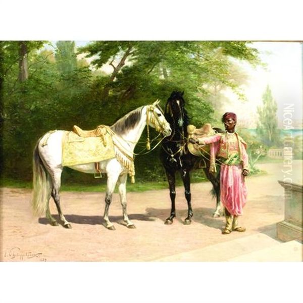 Two Horses With An Arab Groom And A Town Beyond (constantinople?) Oil Painting by Paul Dominique Philippoteaux