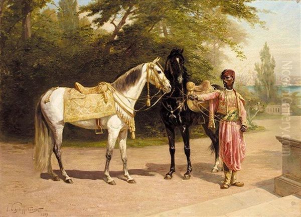 Deux Etalons Avec Un Valet D'ecurie Oil Painting by Paul Dominique Philippoteaux