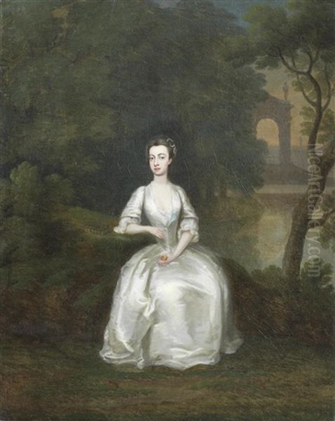 Portrait Of A Lady, Full-length, In A White Dress In A Landscape Oil Painting by Charles Philips