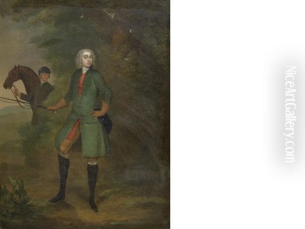 Portrait Of A Gentleman, Full-length, In A Green Coat, And A Groom Holding A Hunter In The Background Oil Painting by Charles Philips