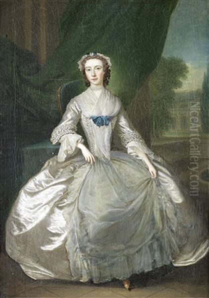 Portrait Of A Lady, Full-length, In A White Silk Dress, Seated On A Terrace by Charles Philips