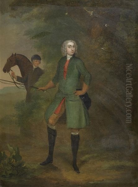 Portrait Of A Gentleman, Full-length, In A Green Coat, And A Groom Holding A Hunter In The Background Oil Painting by Charles Philips