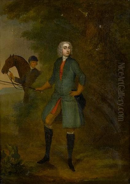 Portrait Of A Gentleman, With A Horse And A Jockey In The Background Oil Painting by Charles Philips