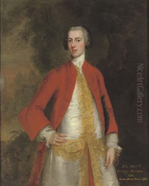 Portrait Of George, 1st Baron Vernon Of Sudbury, Derbyshire, In A Red Coat And White Waistcoat With Gold Trim, In A Landscape Oil Painting by Charles Philips