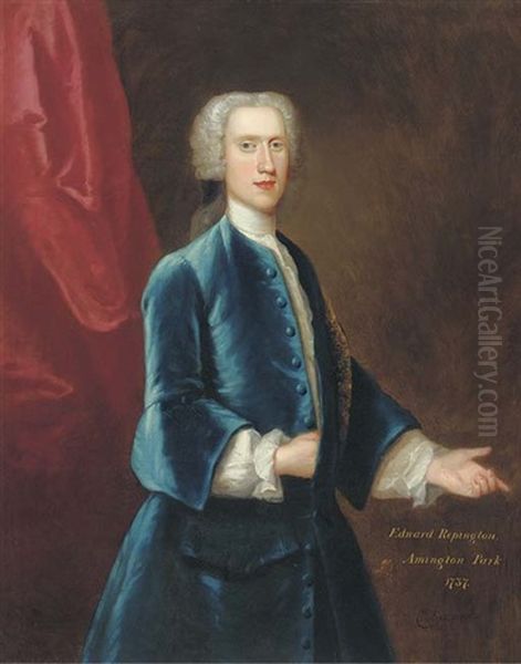 Portrait Of Edward Repington Of Amington Park, Three-quarter-length, In A Blue Velvet Coat And White Shirt, A Red Curtain Beyond Oil Painting by Charles Philips