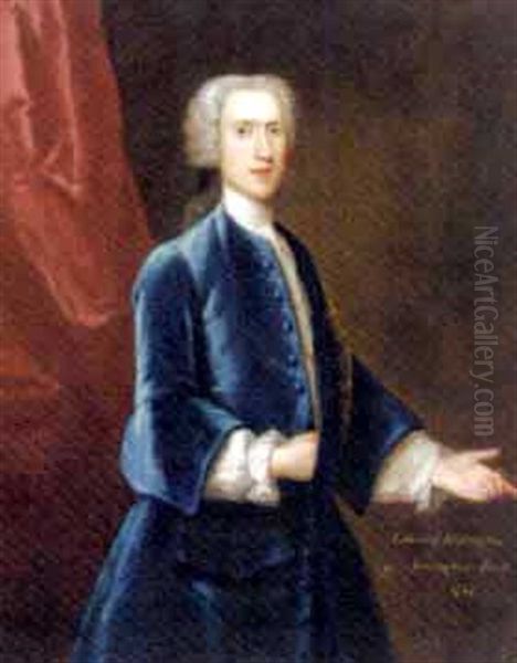 Portrait Of Edward Repington Of Amington Park In A Blue Velvet Coat And White Shirt, A Red Curtain Beyond Oil Painting by Charles Philips