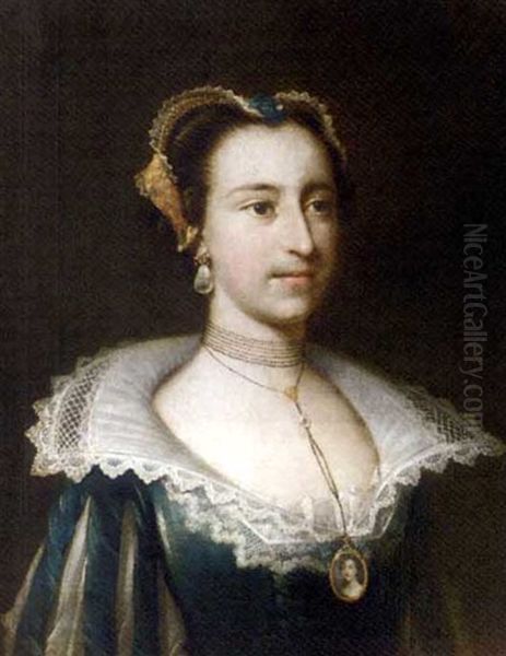 Portrait Of A Lady In A Blue Dress, Slashed White At The Sleeves, With A Lace Collar And Miniature Pendant Oil Painting by Charles Philips