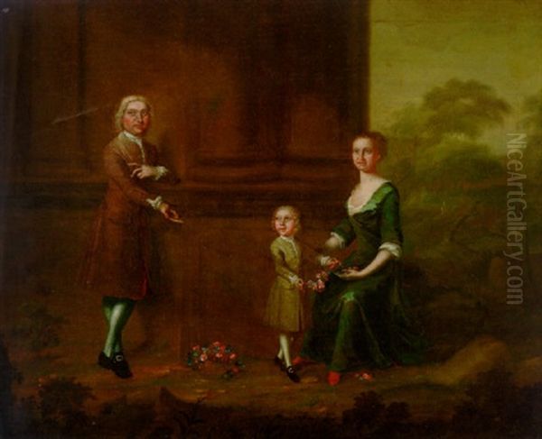 Portrait Of A Gentleman With His Wife And Child, In Brown Coat, The Child Holding A Garland Of Flowers Oil Painting by Charles Philips