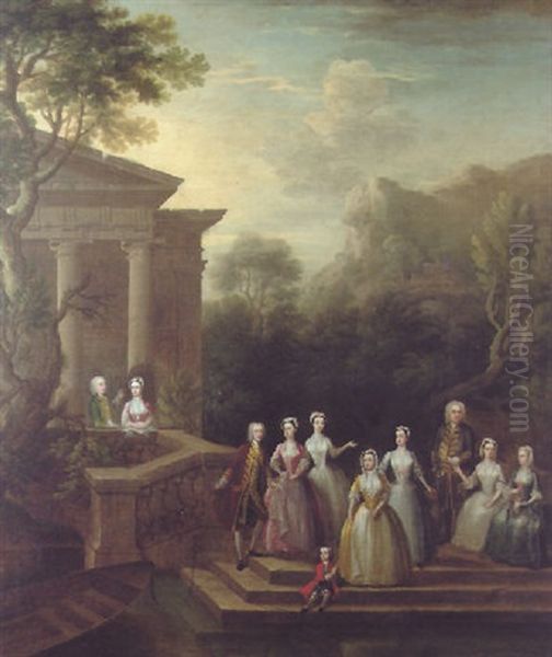 Portrait Of A Family (dashwood Family?) By A Classical Temple Oil Painting by Charles Philips