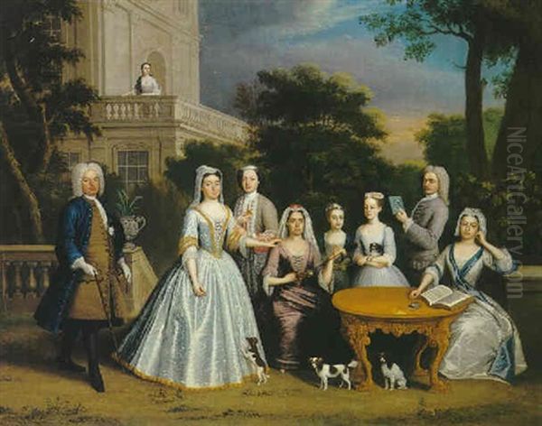 A Family Group Around A Table In A Garden Oil Painting by Charles Philips