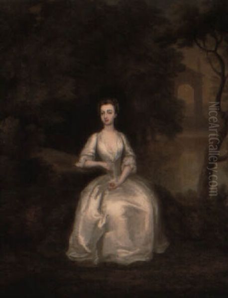 Portrait Of A Lady In A White Dress Seated Beside A Lake In Wooded Landscape Oil Painting by Charles Philips