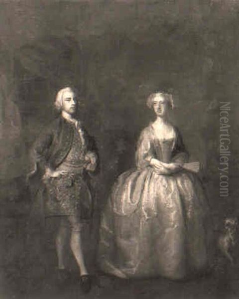 Portrait Of A Lady And Gentleman Standing In An Interior With A Dog Oil Painting by Charles Philips