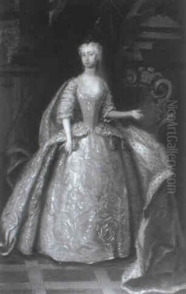 Portrait Of Augusta Of Saxe-gotha, Princess Of Wales, Standing In A White Gown Oil Painting by Charles Philips