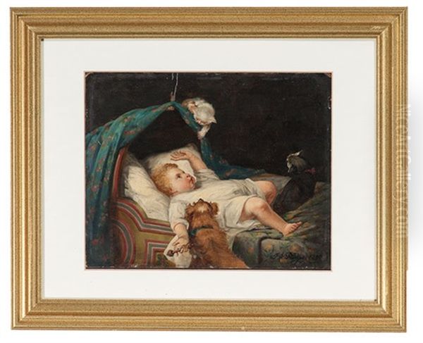 Child In Crib With Dog And Cats Oil Painting by Frank Albert Philips