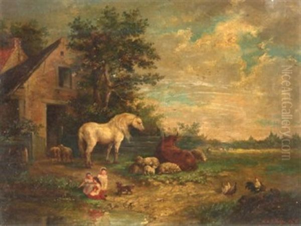 Rustic Scene With Children And A Dog By A Pond, With A Horse, Cow, Chickens And Sheep By Farm Buildings (+ 3 Others; 4 Works) Oil Painting by Frank Albert Philips