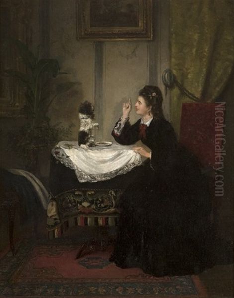 Woman Feeding Her Dog On The Table Oil Painting by Hermann Philips