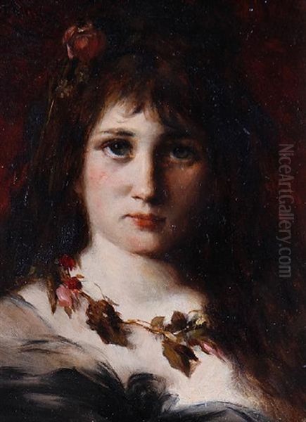 Portrait Of Girl Wearing A Floral Garland Oil Painting by Hermann Philips