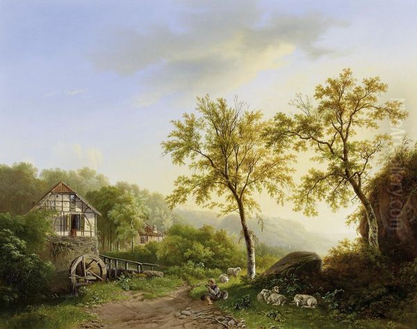 Summer Landscape With A Shepherd Boyin Front Of An Old Watermill Oil Painting by Willem Bodemann