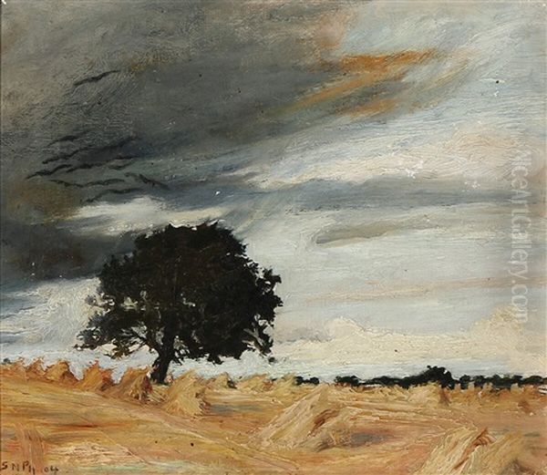 Dark Clouds Over A Harvest Landscape With An Old Oak Tree Oil Painting by Sally Nikolai Philipsen