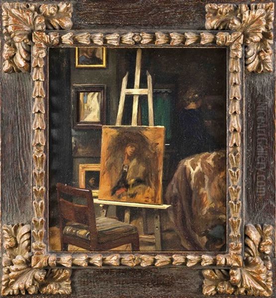 Blick Ins Atelier Mit Unvollendeter Arbeit Auf Der Staffelei Sowie Dem Weiblichen Modell Im Hintergrund Oil Painting by Sally Nikolai Philipsen