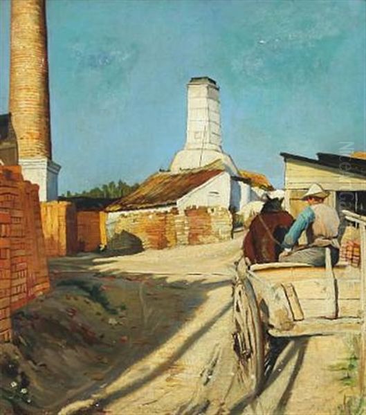 View Of A Brickyard With Worker On A Carriage Oil Painting by Sally Nikolai Philipsen