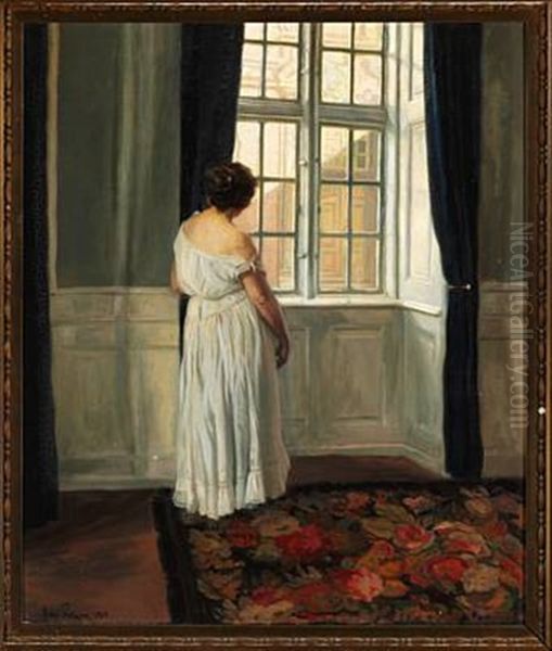 Interior With A Young Woman In A Light White Dress Standing Near A Window Oil Painting by Sally Nikolai Philipsen