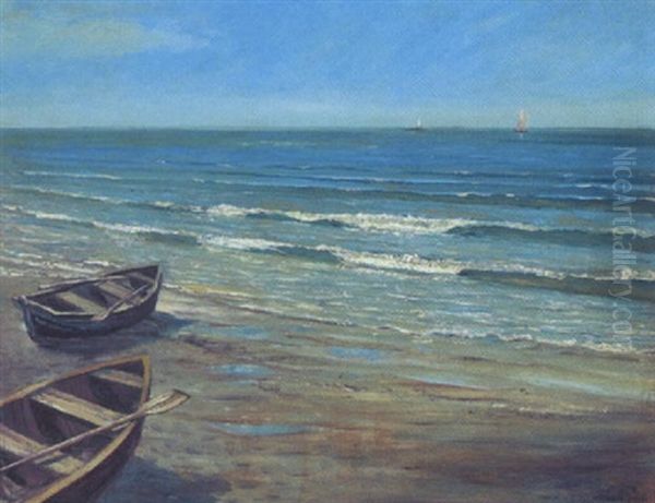 Marine Med Skibe Pa Havet Og Bade Pa Stranden Oil Painting by Sally Nikolai Philipsen