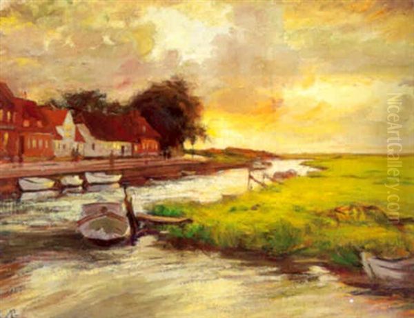 Udsigt Til Skibbroen I Ribe, Ved Solnedgang Oil Painting by Sally Nikolai Philipsen