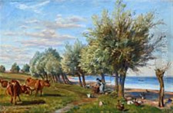 A Girl Is Washing Clothes Under The Willow Trees, Grazing Cows On The Field Oil Painting by Theodor Philipsen