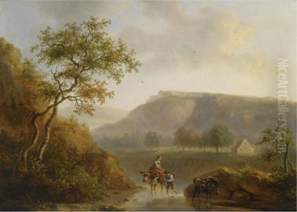 Travellers In A River Landscape Oil Painting by Willem Bodemann