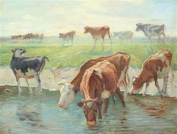 Calves And Cows At The Watering Place, Saltholm In Sunlight Oil Painting by Theodor Philipsen