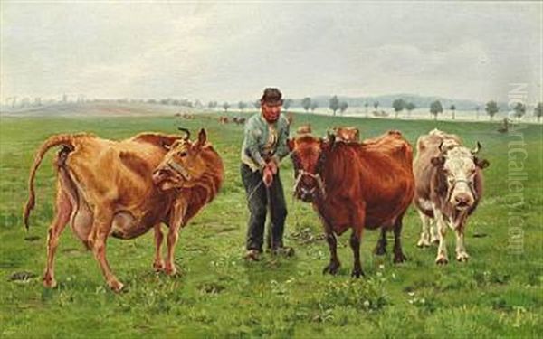 Landskab Med Koer. En Rogter Flytter Tre Koer Pa En Mark Ved Vester Egede Oil Painting by Theodor Philipsen