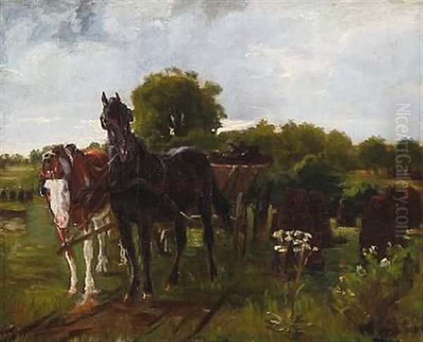 To Heste Forspaendt En Torvogn I En Mose Ved Vester Egede Oil Painting by Theodor Philipsen