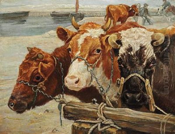 Three Cows Waiting For Shipping To Saltholm Oil Painting by Theodor Philipsen