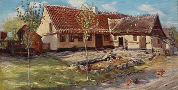 Chicken In Front Of A Farmhouse (in Rorvig?) Oil Painting by Theodor Philipsen