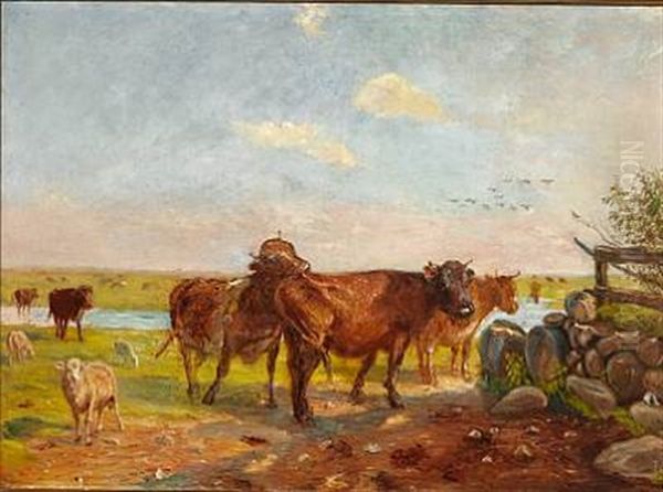 Kvaeg Pa Vanderens Vaenge - Saltholm Oil Painting by Theodor Philipsen