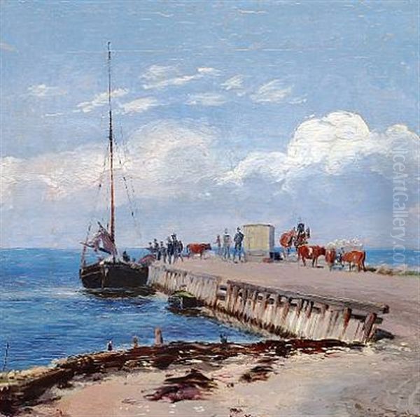 Brakkebroen Paa Saltholmen - Udskibning Af Kreaturer (brakkebroen Landing Stage On Saltholm) Oil Painting by Theodor Philipsen