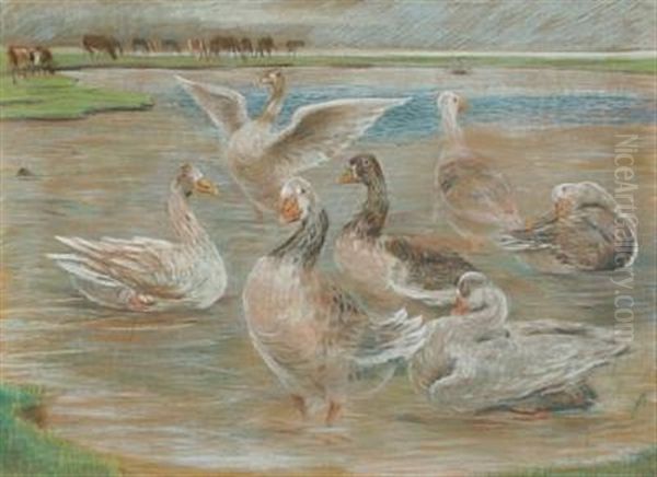 Geese And Cows At The Watering Place Oil Painting by Theodor Philipsen