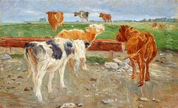 Cows Near The Well At Gammelgaard, Saltholm Oil Painting by Theodor Philipsen