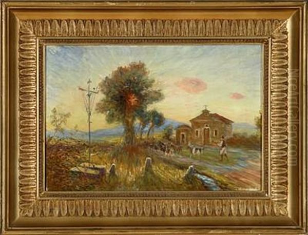 Italian Landscape With Shepherds And Their Donkeys Oil Painting by Theodor Philipsen