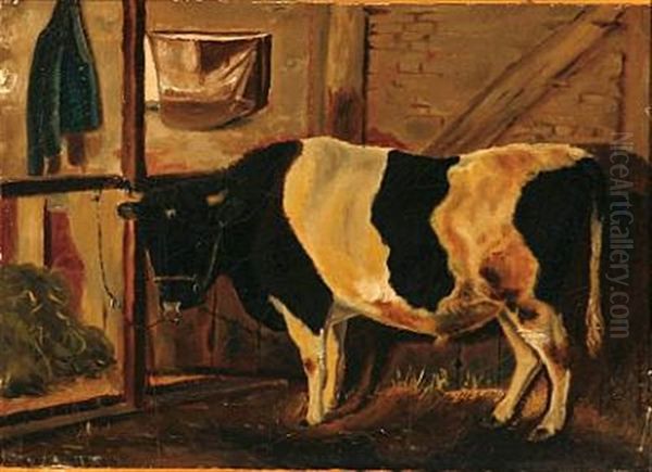 Black-and-white Bull In The Stables Oil Painting by Theodor Philipsen