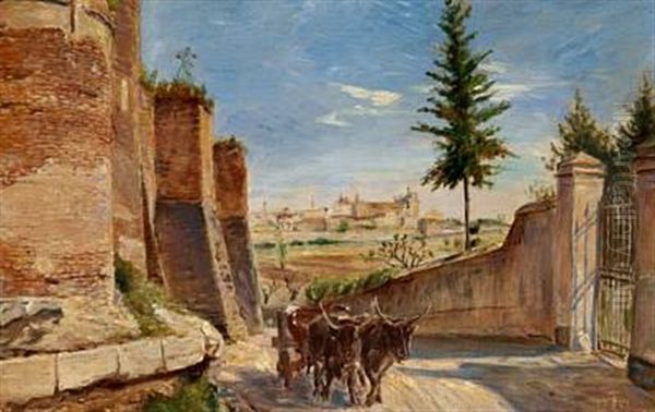 Bag Roms Mure Seet Fra Via Latina Ud Imod Lateran Kirken Oil Painting by Theodor Philipsen