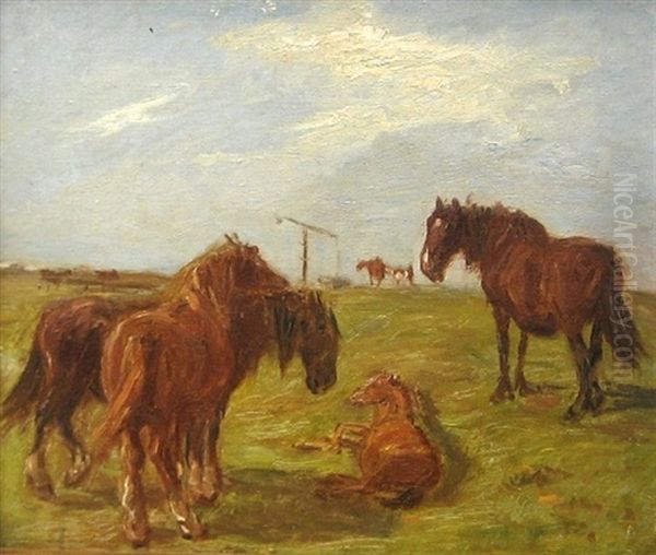 En Gruppe Heste Ved Gammelgaards Brond, Saltholm Oil Painting by Theodor Philipsen