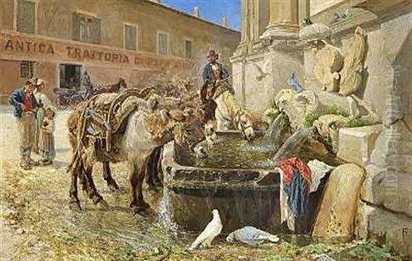 Ved En Fontana Udenfor Rom Paa Via Flaminia Oil Painting by Theodor Philipsen