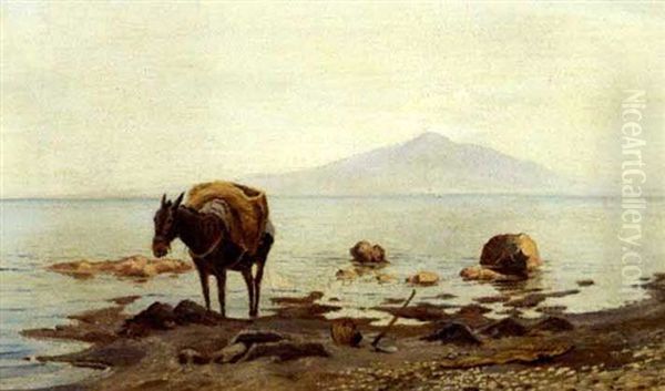 Stranden Ved Sorrent. Et Muldaesel I Strandkanten Oil Painting by Theodor Philipsen