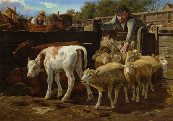 Fra Trommersalen. En Flok Lam Lukkes Ind I En Fold Til Tre Kalve Oil Painting by Theodor Philipsen